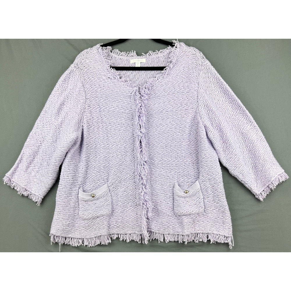 Roz & Ali Cardigan Womens 2X Purple Cotton Fringe Open Front Sweater Jacket Good